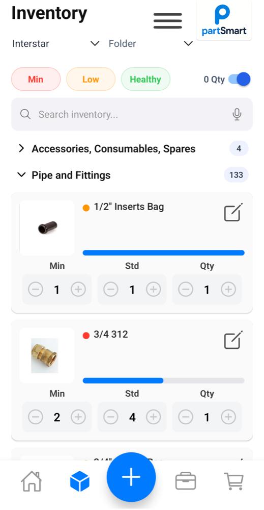 The partSmart inventory list with Min, Low and Healthy filters, search and per-item quantity controls