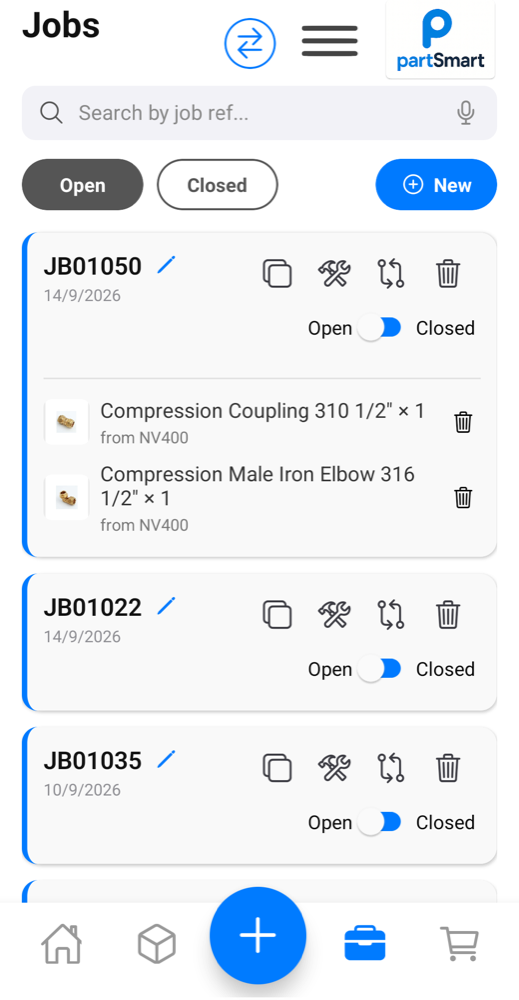 A job in partSmart with its recorded materials listed underneath, each showing which van it came from