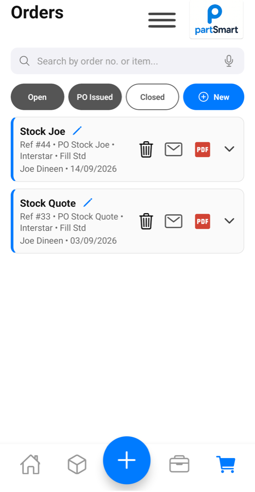 The partSmart orders list with Open, PO Issued and Closed filters and per-order email and PDF actions